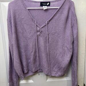 Wildflowers Purple V-Neck Sweater with Lace-Up Detail